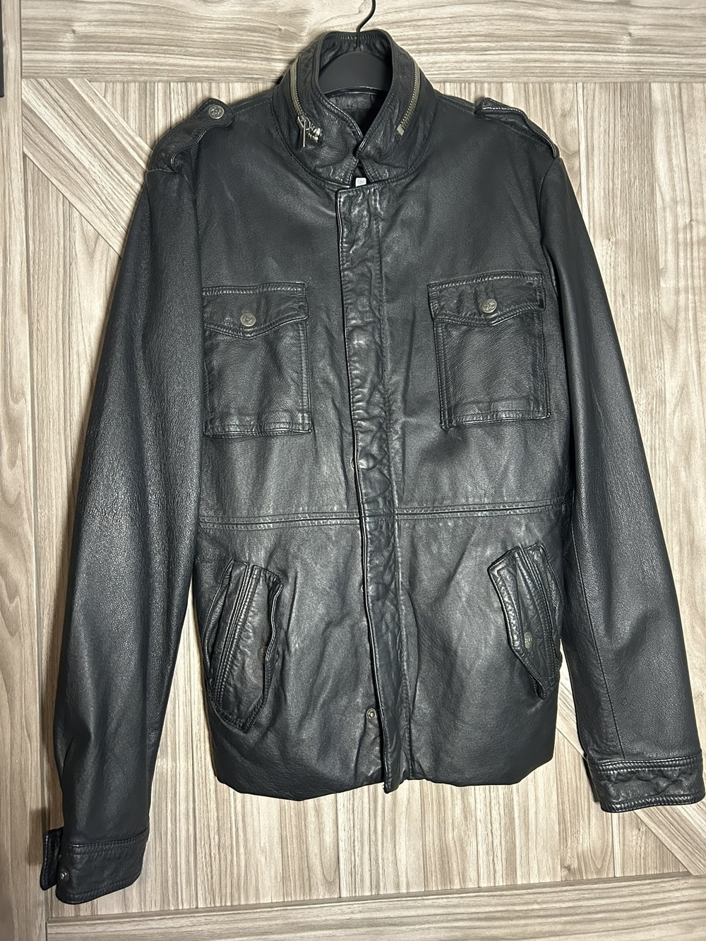 Hurley Vintage M-65 Leather Moto Field Jacket Black Small